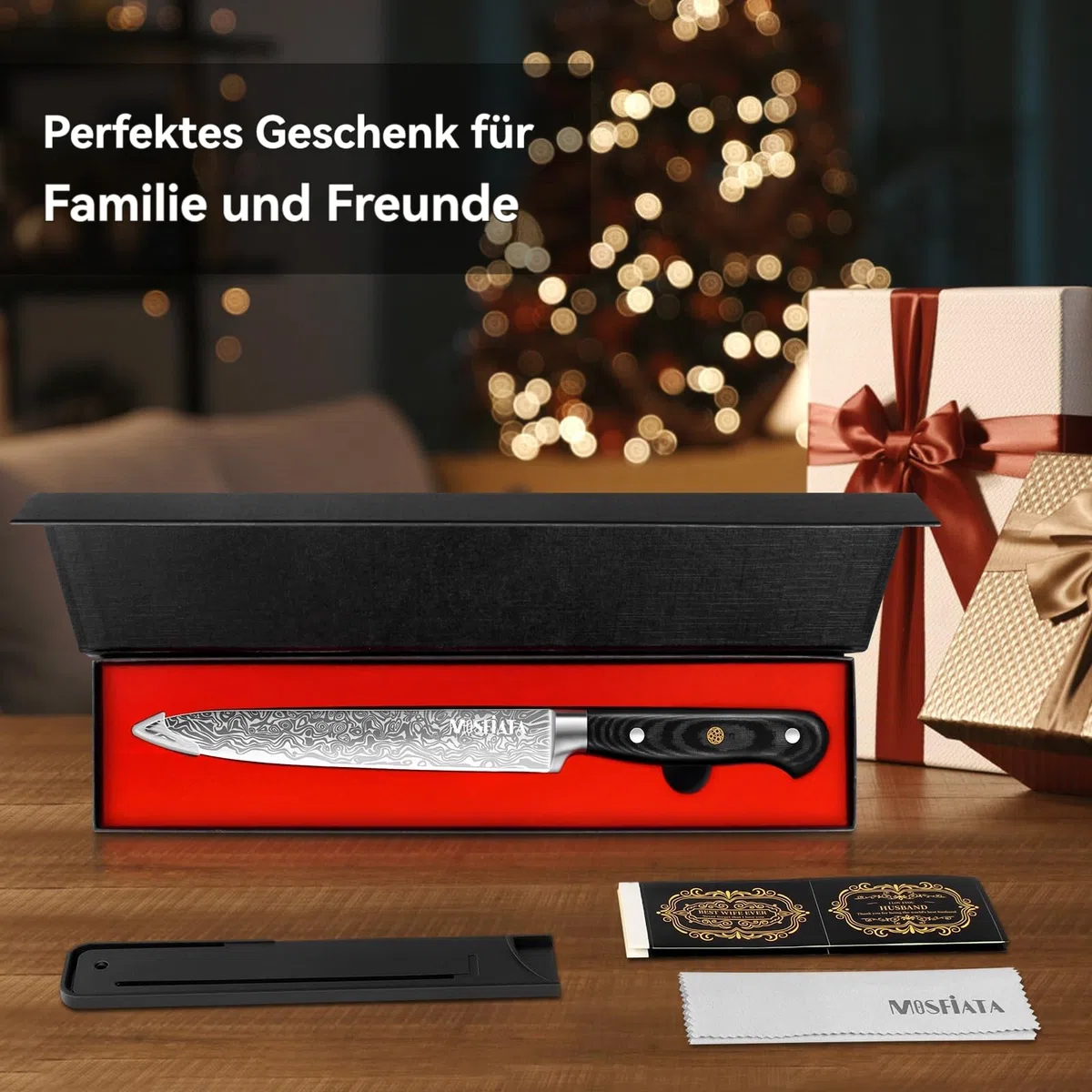 MOSFiATA 8 Zoll Schinkenmesser, Dönermesser EN1.4116 Stahl, Truthahnmesser Schneidmesser Lachsmesser Tranchiermesser, Küchenmesser für Truthahn, Geschenkset mit Messerscheide und Tuch