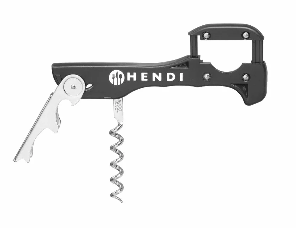 HENDI Kellnerkorkenzieher, mit Griff aus ABS Kunststoff, 3 Funktionen, Patentierter Hebel und Folienschneider, Korkenzieher & Flaschenöffner, 37x130x(H)14mm, Edelstahl, ABS Kunststoff