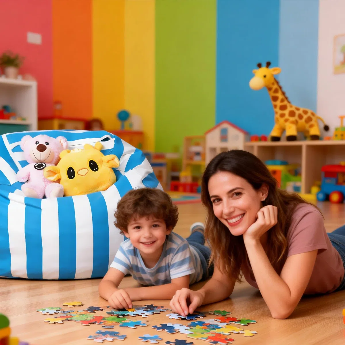 38" Sitzsack Kinder, Extra Groß Stofftier Kuscheltier Aufbewahrung, Bequemer Sitzsack Canvas für Schlafzimmer, Kinderzimmer, Spielzimmer(Lila)