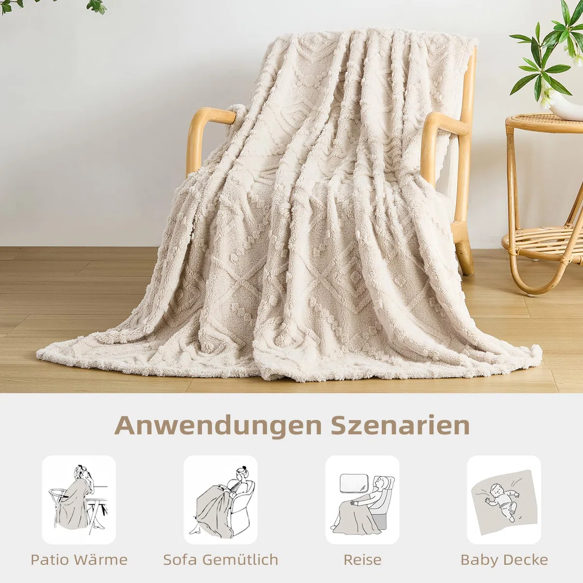 WONGS BEDDING Kuscheldecke Flauschig 150x200 Beige Decken, Wohndecke Warme Fleecedecke Weiche Sofadecke Couchdecke für Bett Sofa Büro Mädchen