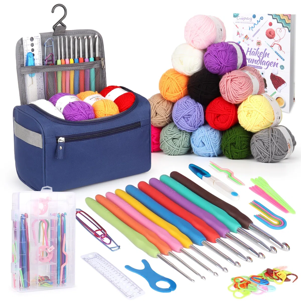 Coopay Tragbar Häkelset für Anfänger, Häkelnadel Set mit 15 Wolle, Tasche, Häkelzubehör, Ergonomische Häkelnadeln mit Weicher Griff und Metall Häkelnadel, 2,0-10 mm Praktische Häkelnadel Set Geschenk