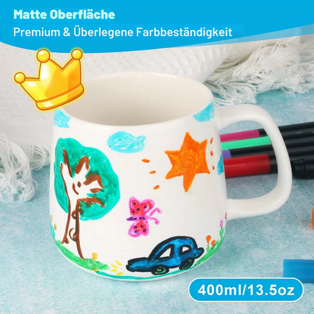 DIY Keramik Bemalen Set–Enthält 2 leere weiße Tassen und 12-farbige Keramik-Aquarellstifte, ein kreatives Tassen Bemalen Set für Kinder und Erwachsene, einTassen Zum Bemalen Kunstkreationsset