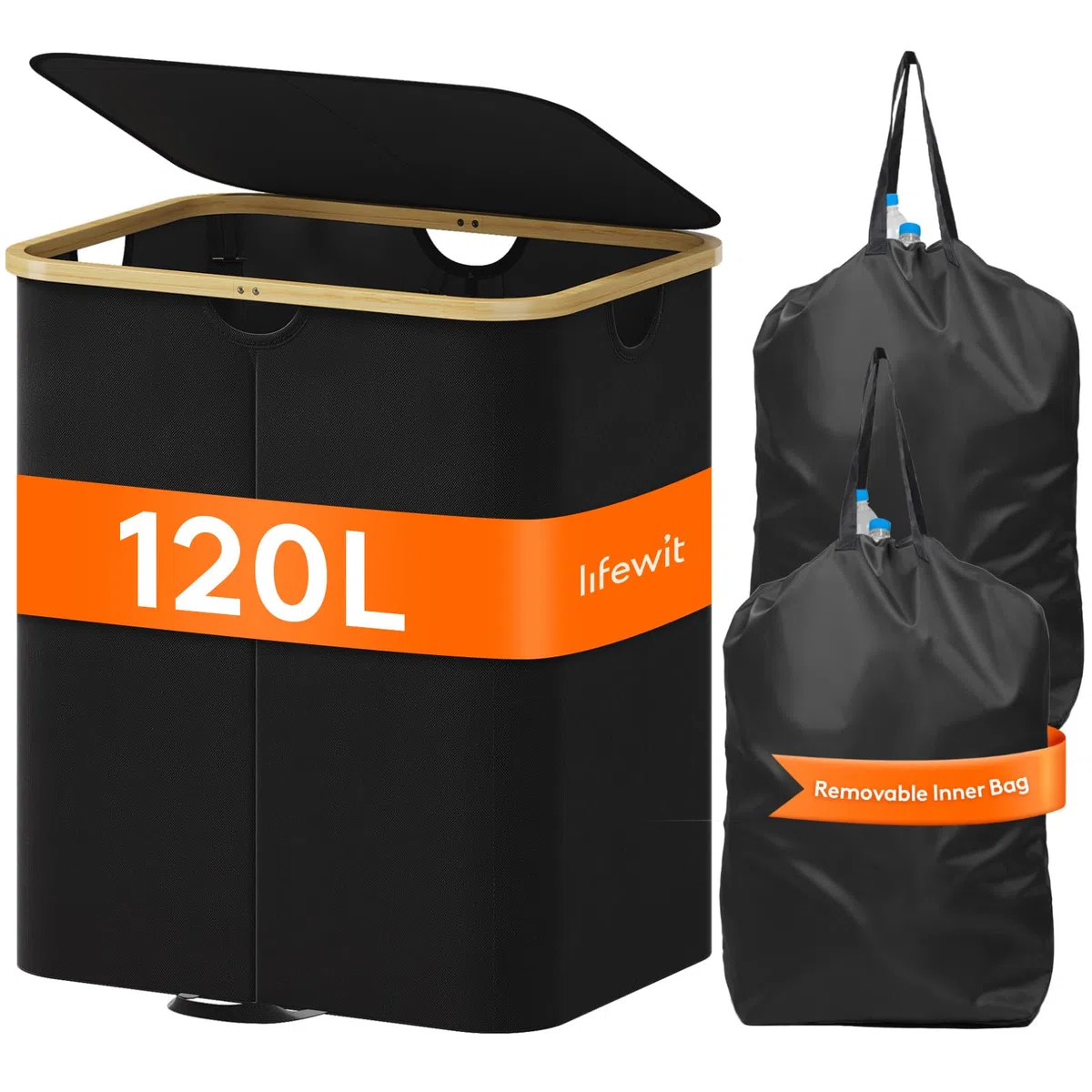 Lifewit 120L Pfandflaschen Sammelbehälter 2 fächer mit Deckel, Groß Pfandflaschen Behälter 2 Tragetasche für ErhaltenFlaschensammler eignet sich für Küche, Küche Abstellraum Flaschentasche, Schwarz