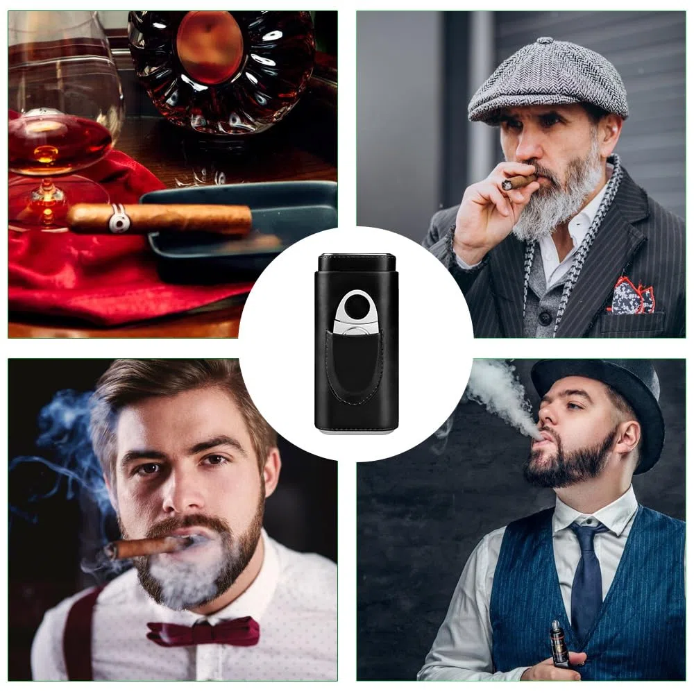 Zigarrenetui für 3 Zigarren，Tragbarer Humidor Zigarren, Leder Zigarrenetui, Leder Etuis mit Zigarrenschneider aus Edelstahl，für Reise Kurztrips(Schwarz)