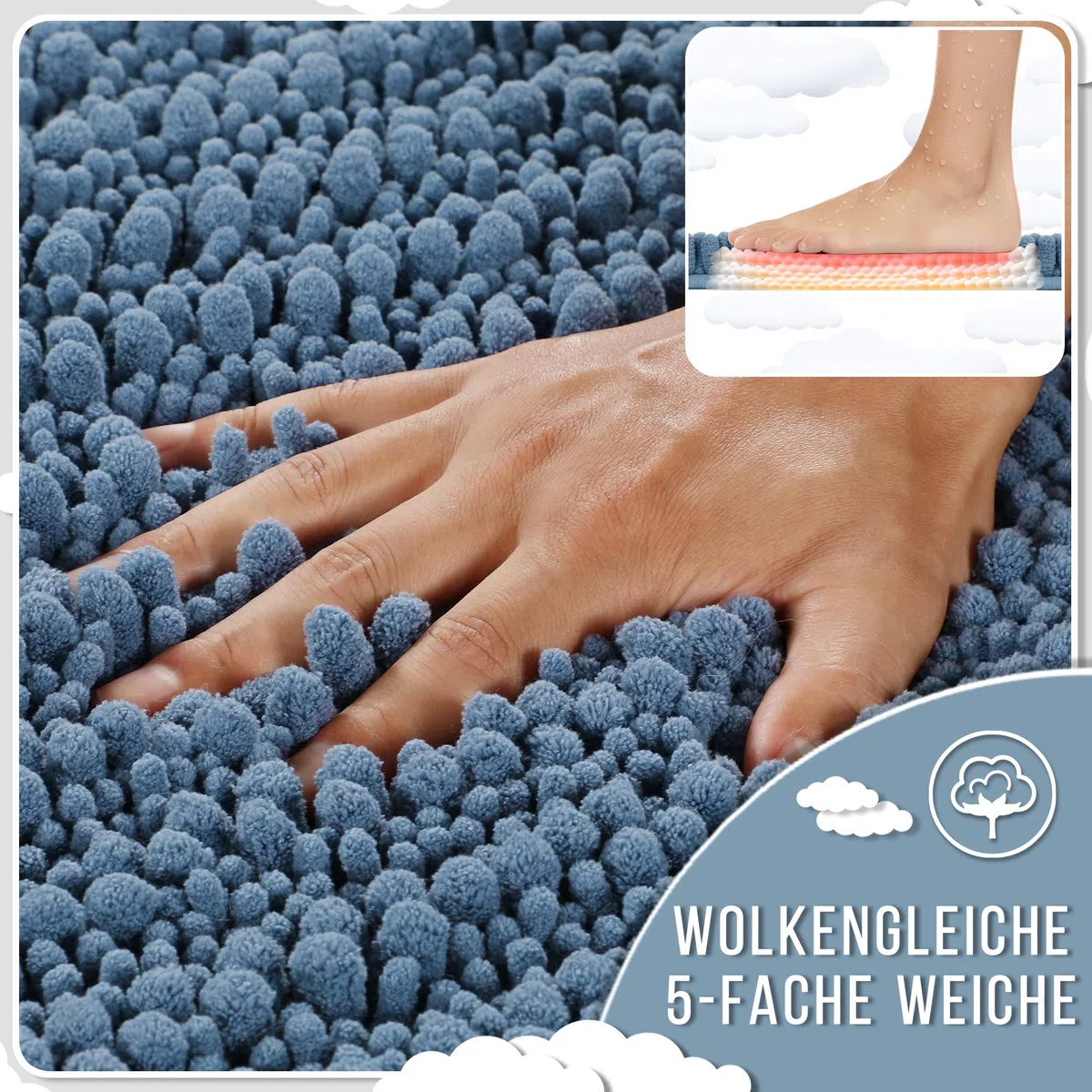 Yimobra Chenille Badematte rutschfest - Weicher Badvorleger Maschinenwaschbar - Mikrofaser Absorbent Badteppich, für Dusche und Badezimmer, 43 x 61 cm, Denim Blau