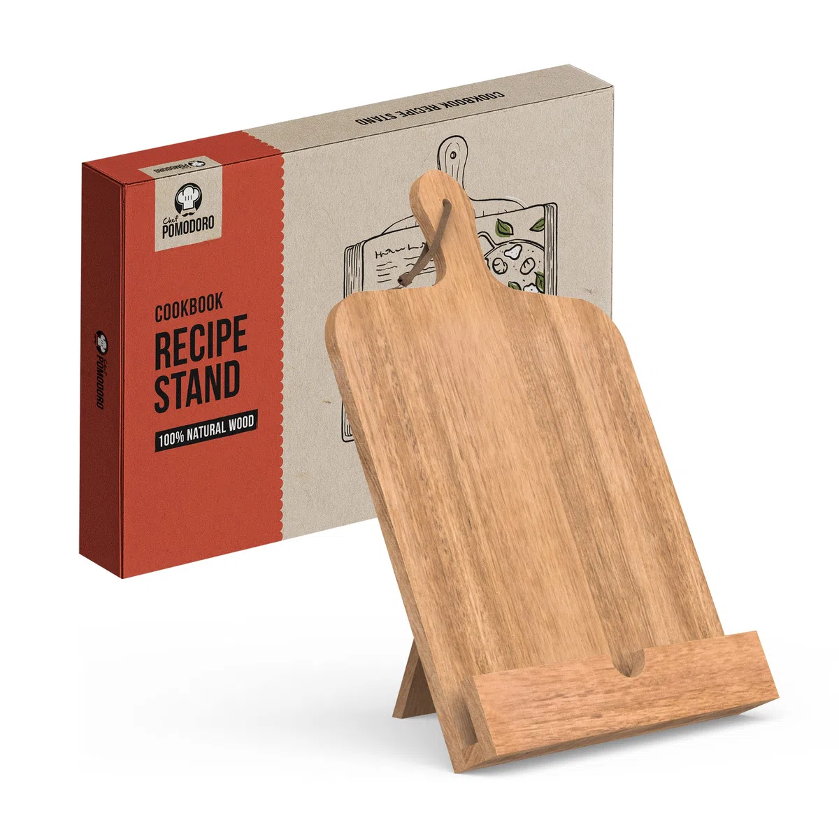 Chef Pomodoro Kochbuchhalter – Leseständer aus Akazienholz - Buchständer Holz - Dekorativer Bücherständer 23,8 x 36,8 cm (B x L) – Buchhalter Holz – Buch Ständer – Auch geeignet für Tablets
