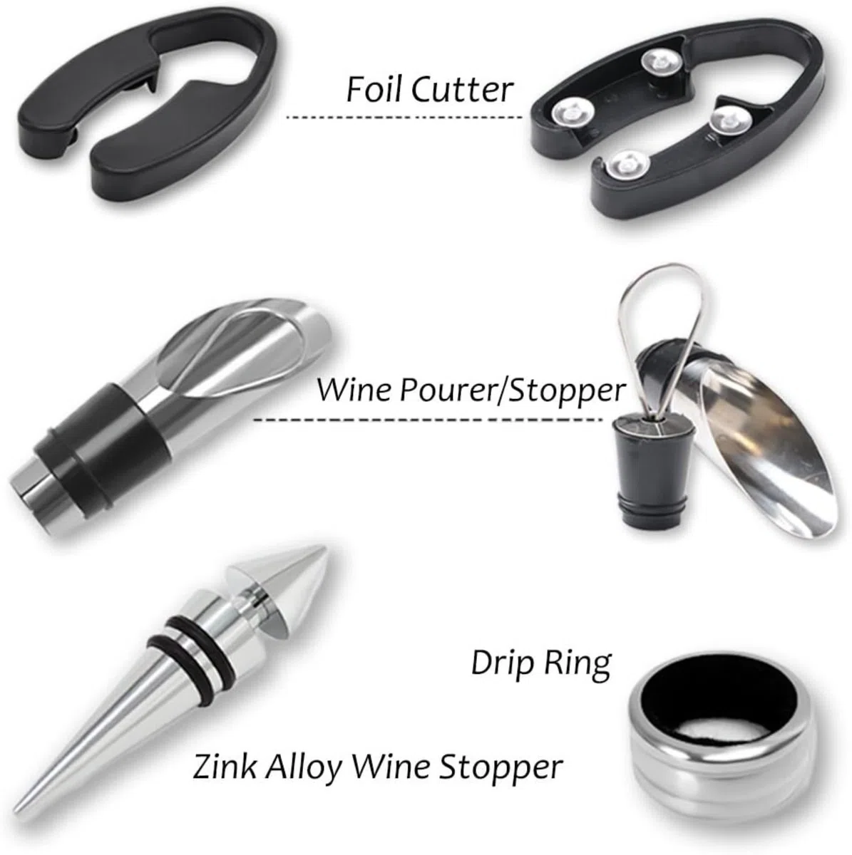 Wein Korkenzieher Zubehör Set Weinflaschenöffner Werkzeug Set mit 5 Stück Party Geschenk Set für Weinliebhaber, mit Zubehör mit Folienschneider | Korkenzieher | Ausgießer | Tropfring | Edelstahlkorken