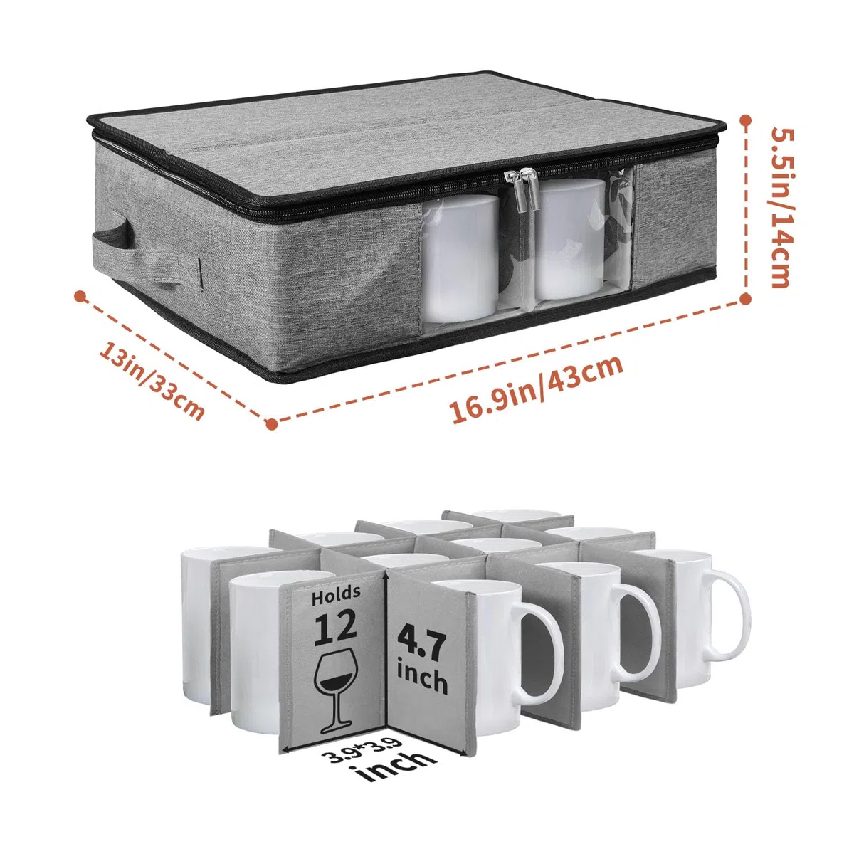 Tassenhalter Kaffeetassenhalter mit Trennwand, Aufbewahrungsbox mit Deckel Handhaben, Tassen Organizer für 12 Kaffeetasse, Becher, Glas, Stapelbar Transparentes Fenster-Grau