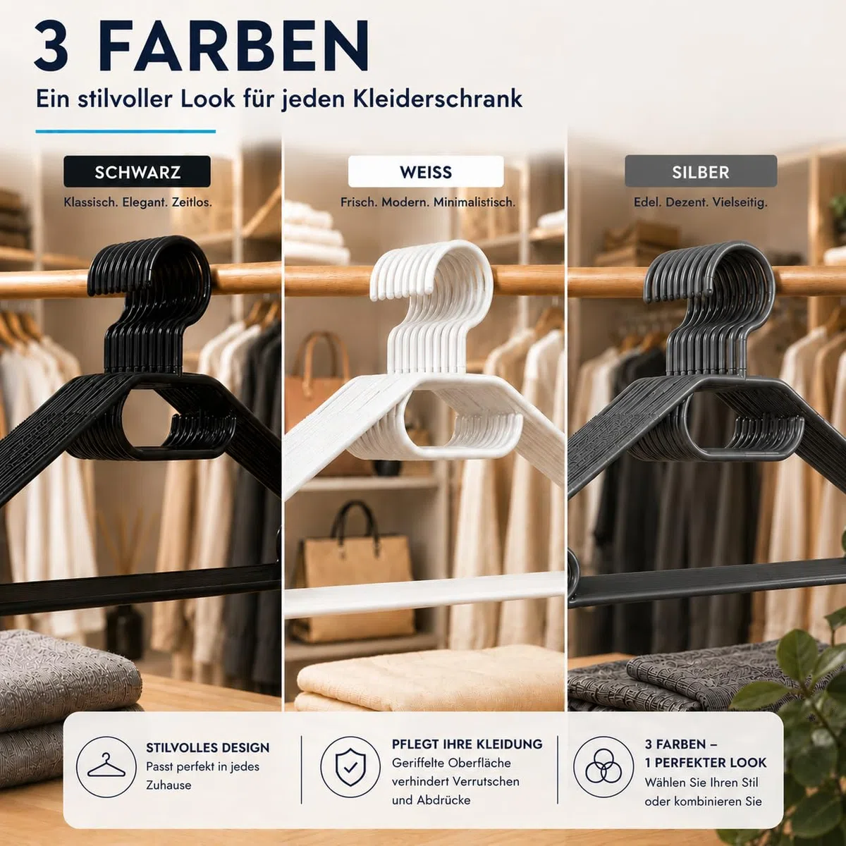 50 Kleiderbügel mit 360 Grad drehbaren Haken recycelter Kunststoff Bügel rutschfest in Schwarz, platzsparend, Made in EU & HLKauf-Block