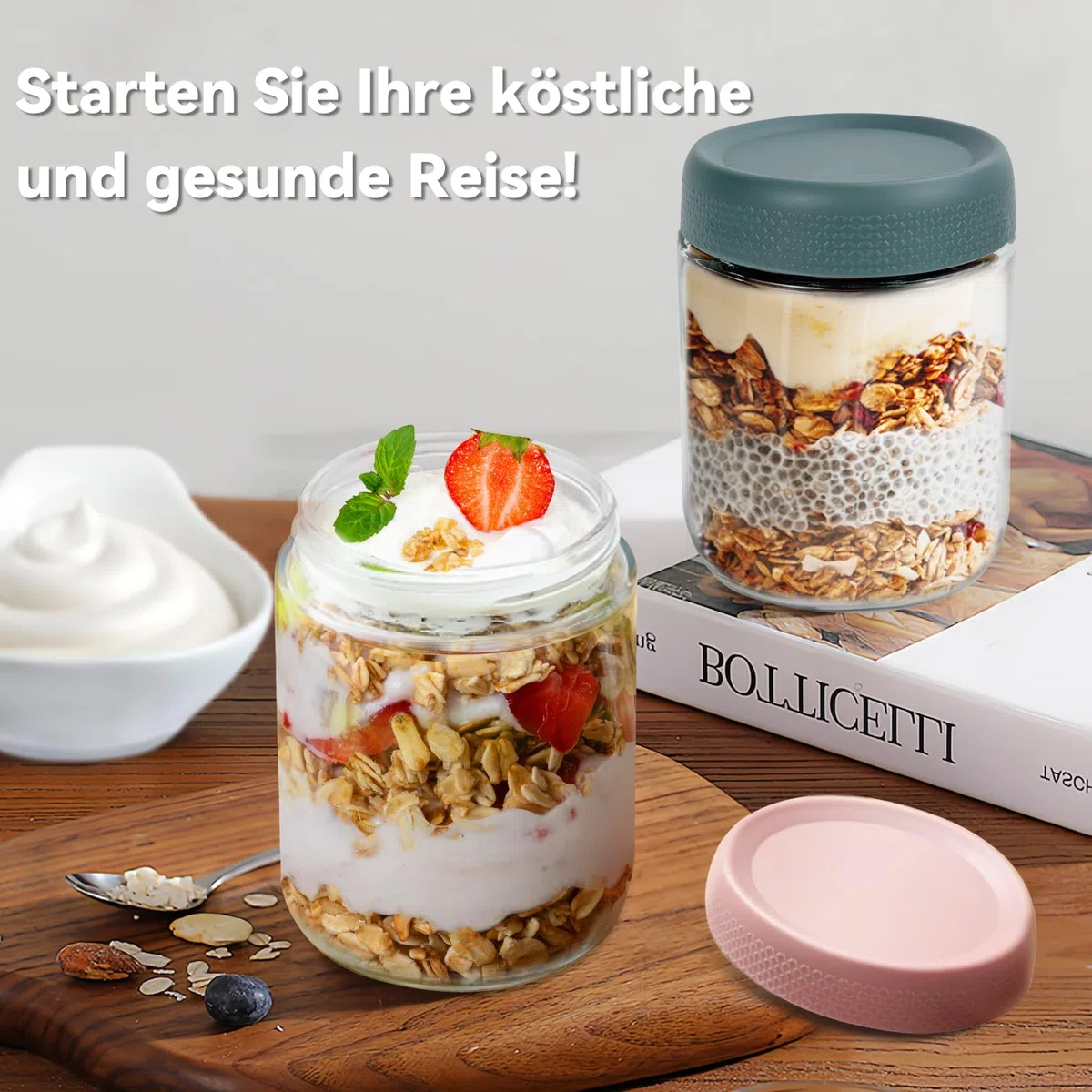 500ml Overnight Oats Gläser, 6 Pack Meal Prep Gläser mit Deckel und Löffel, Wide Mouth Gläser mit Deckel,Joghurtsnacks Obst, Salat Dressing, Sauce, Getreide-Leck Proof