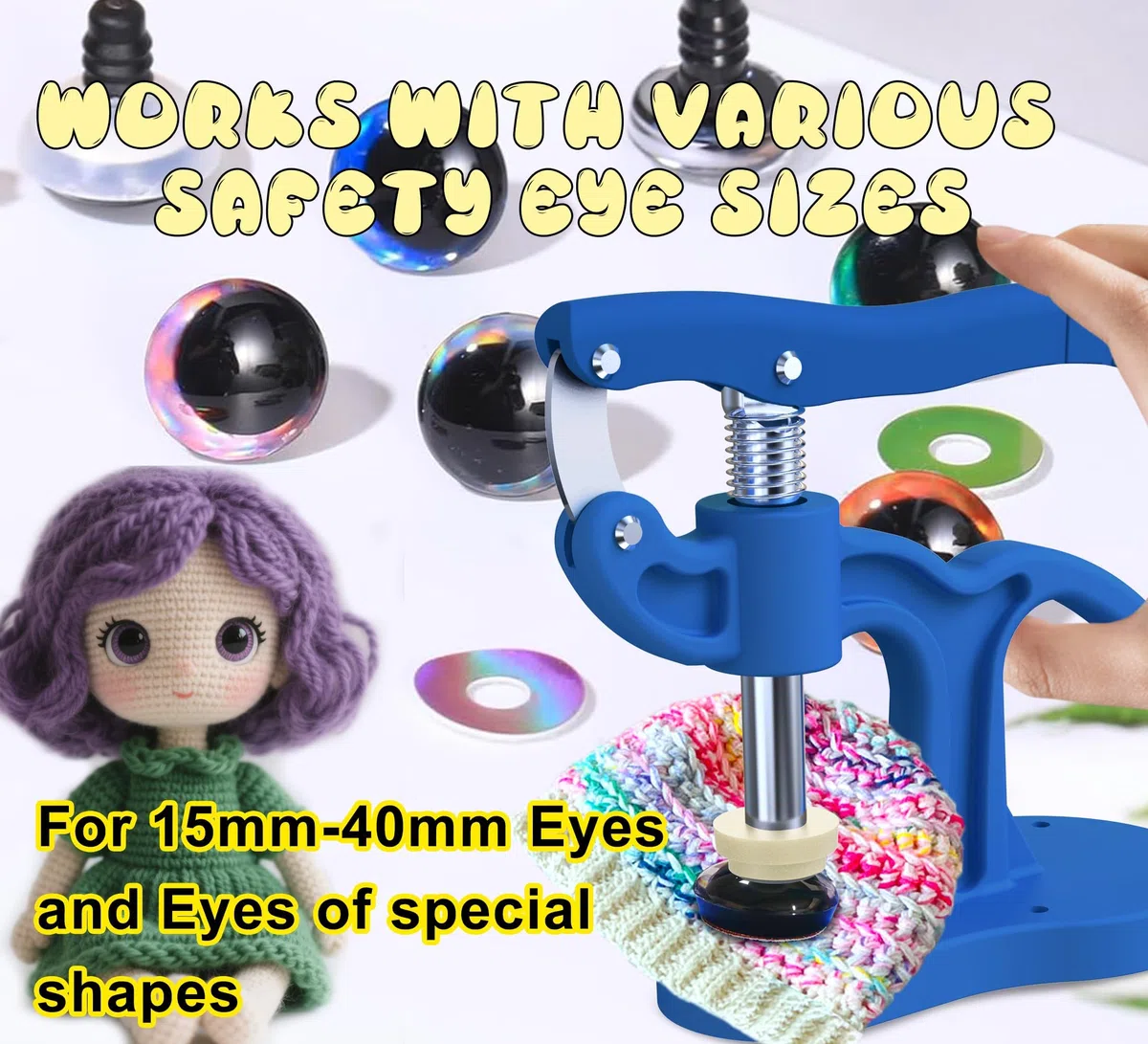 Montagewerkzeug für Sicherheitsaugen Häkeltiere, Amigurumi Augen Tool für Knopfaugen & Steckaugen 5 – 45mm, Sicherheitsaugen Zange zum Anbringen von Häkel Augen, DIY Puppenaugen & Kuscheltier