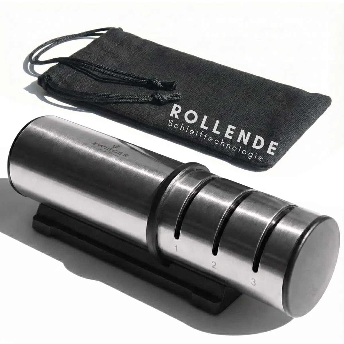 ZWIEGER Diamant Messerschärfer Profi mit Rollschleifer-Technologie – Messerschleifer mit 3 Stufen: 2 Diamant-Rollen & 1 Keramik-Rolle – Moderne Rollschleifer-Lösung – Rutschfester Boden