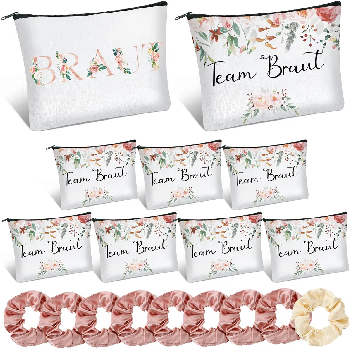 9 Sets Braut Geschenke JGA Party Zubehör Satin Braut Haargummis Team Braut Make up Tasche Geschenk zur Brautparty Junggesellenabschied Tasche Dekoration für Hochzeit Verlobung (Rosa)