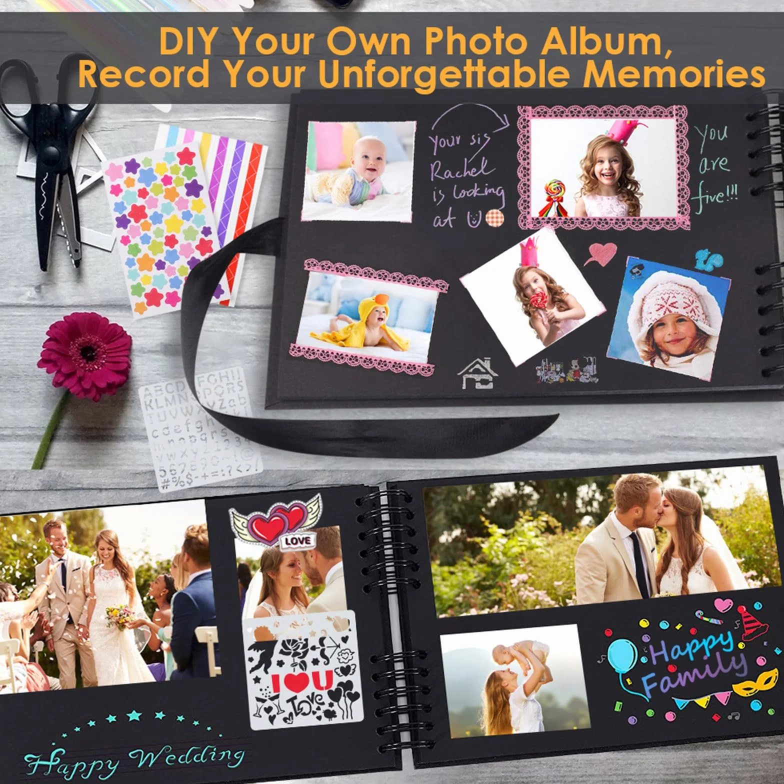 Fotoalbum zum Selbstgestalten 30x21 cm, Fotobuch zum Selbstgestalten mit 80 Schwarze Seiten, Platz für 160 Fotos, DIY Groß Zum Einkleben Scrapbook Set für Jahrestag Valentinstag mit Protektkegeln