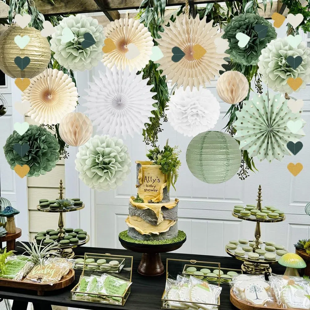 Party Deko Salbeigrün Olivgrün Weiß Gold Geburtstag Deko Grün Gold Seidenpapier Pompons Deko Papierlaterne für Babyparty Brautparty Hochzeit Party
