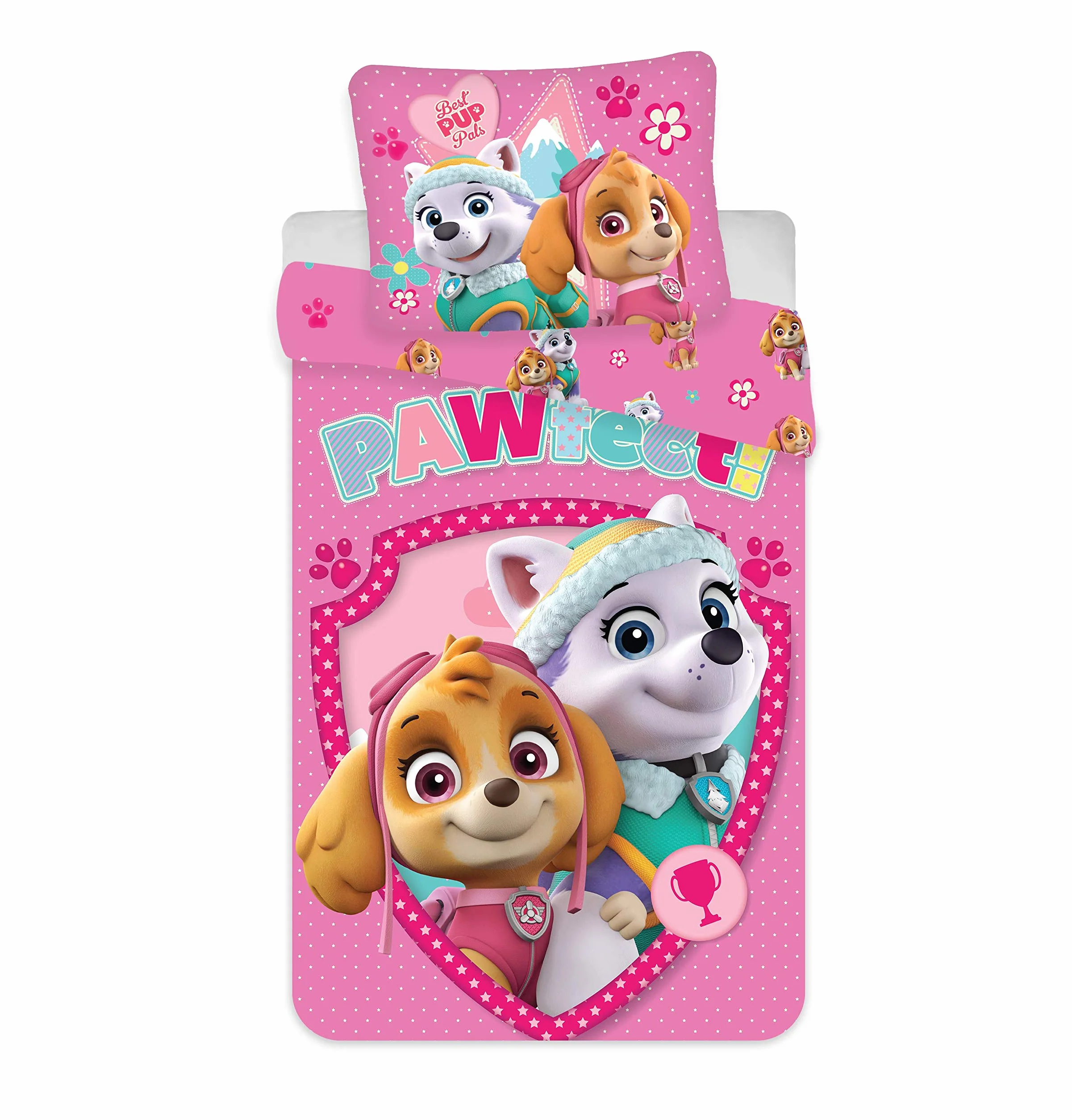 Baby Bettwäsche Set 2tlg. Paw Patrol 100% Baumwolle 100x135 cm, 40x60 cm, Skye und Everest | Wendbare Baby-Bettwäsche | Naturbaumwolle weich atmungsaktiv | Nickelodeon | Mädchen 0-3 | Kinderbett | Maschinenwaschbar