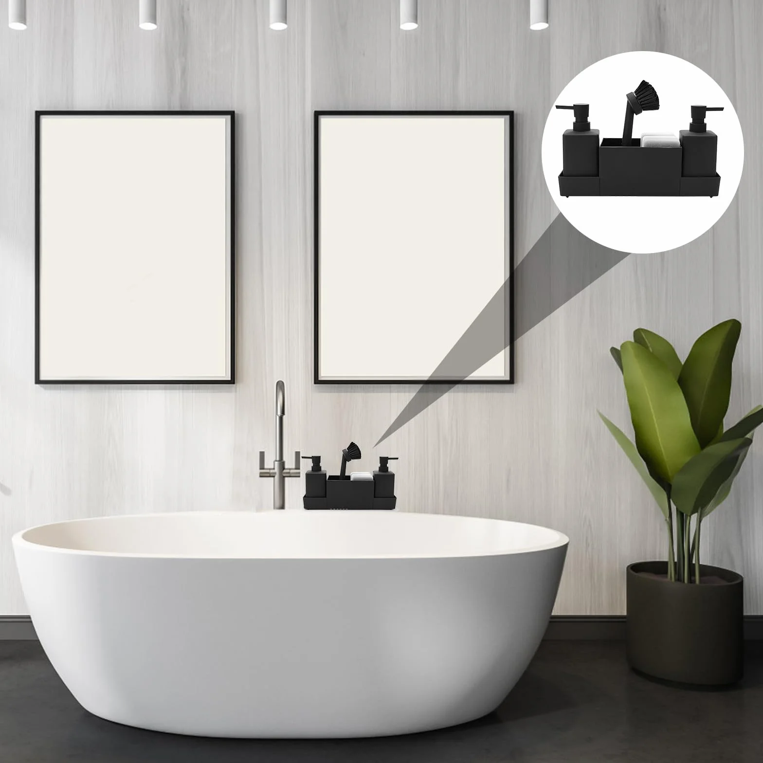 CAUTIOUS 350ML Seifenspender Schwarz Matt Spülbecken Organizer Spülmittelspender Küche Kunststoff Spülmittelspender mit Bürste und Spülschwamm Soap Dispenser Ausgestattet mit 3 Pumpenköpfen