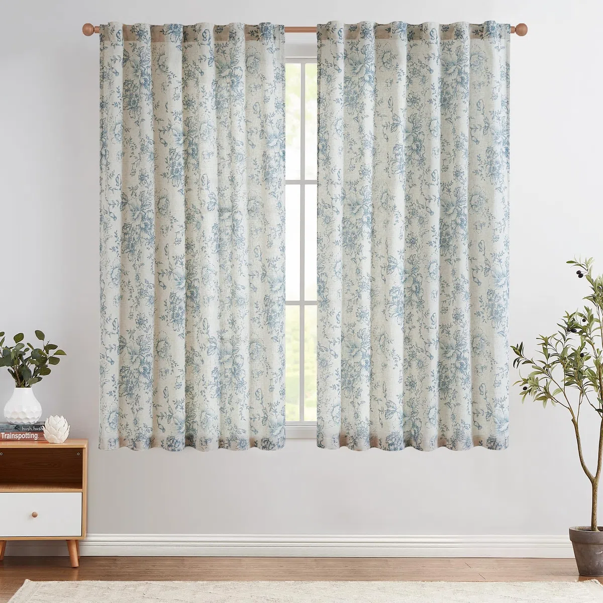 TOPICK Leinen Gardinen Floral Vorhänge mit verdeckten Schlaufen Lichtdurchlässig Bauernhaus Lang Gardinen Fensterschal für Wohnzimmer Schlafzimmer Fenster,2er Set 140 B x 175 H (cm),Blau auf Beige