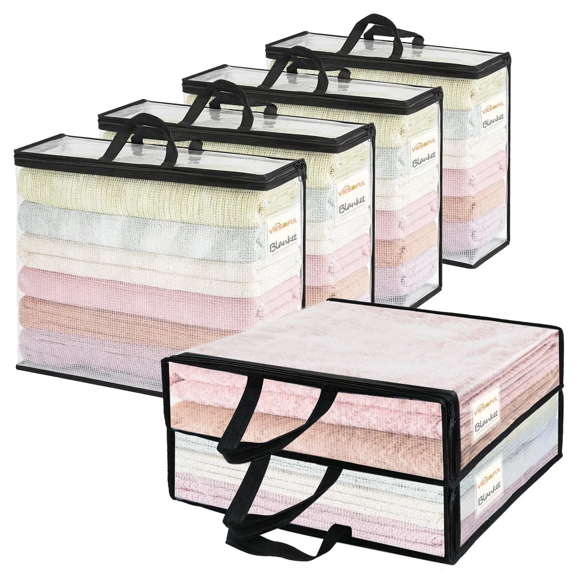 Vieshful 6 Stück Klare Aufbewahrungstaschen mit Etikett 22L – PVC Netz Aufbewahrungsbeutel mit Reißverschluss für Kleidung Aufbewahrung, Decken, Bettwäsche, Spielzeug, Unterbett Aufbewahrung,Schwarz