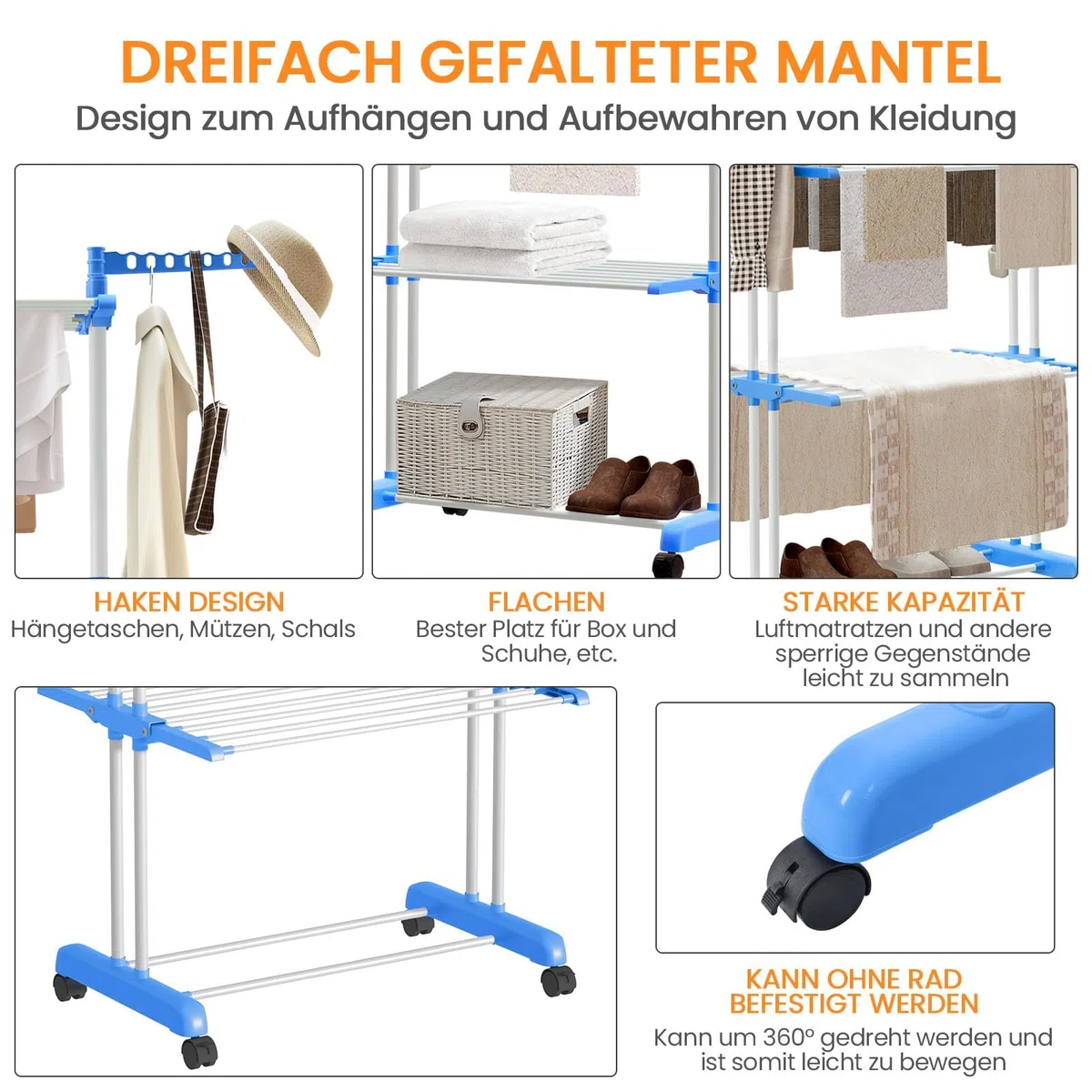 Wäscheständer Turm faltbar mit 6 Flügeln und 2 drehbaren Seitenflügeln – Platzsparend, mit Rollen, Innen & Außen (Blau)