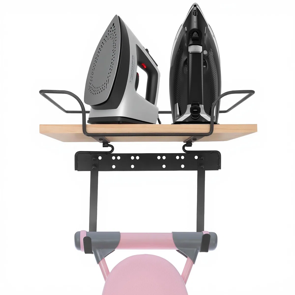 Bügelbrett Hanger Wandhalter - Heavy Duty Eisenständer mit Massivholzbasis und verstellbaren Haken, Wäscherei Eisen und Bügelbrett Halter, Platzsparende Wäscherei Organizer für Bügelbrett Lagerung