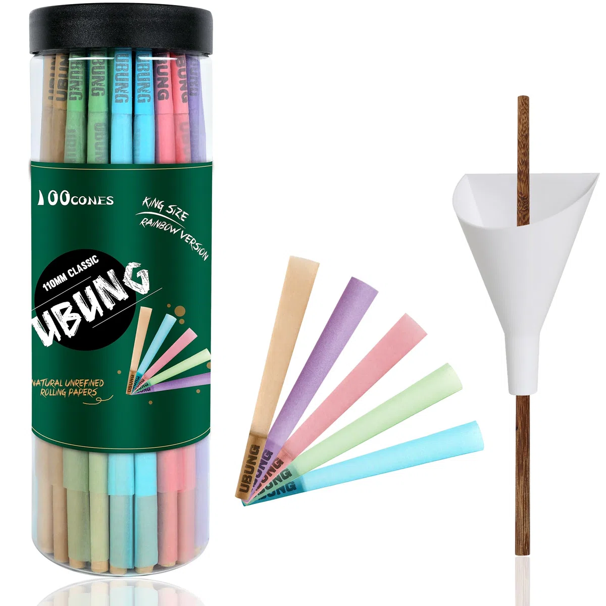 UBUNG Rainbow Cones | 100 King Size Konisch vorgedrehte Hülsen ​(5 Farben) Einschließlich 1 Trichterlader und 1 Putter für Verpackunge