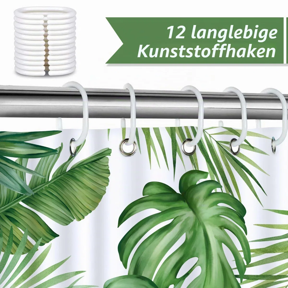 Bonhause Duschvorhang Grüne Blätter Tropische Pflanze Duschvorhänge 180 x 180 cm Anti-Schimmel Wasserdicht Polyester Stoff Waschbar Bad Vorhäng für Badzimmer mit 12 Haken