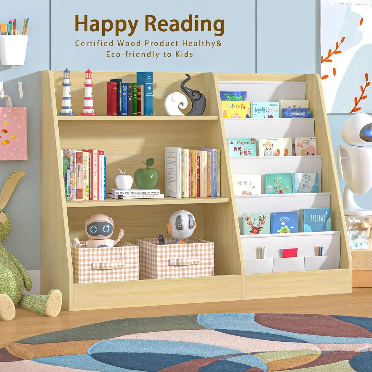 Kinderregal mit 4 Ablage und 3 offenen Fächern, Bücherregal für Kinder, Kinderzimmerregal, Bücherregal Aufbewahrungsregal für Kinder, Spielzeug-Organizer für Spielzimmer, 80 x 30 x 67.5 cm (Eiche)