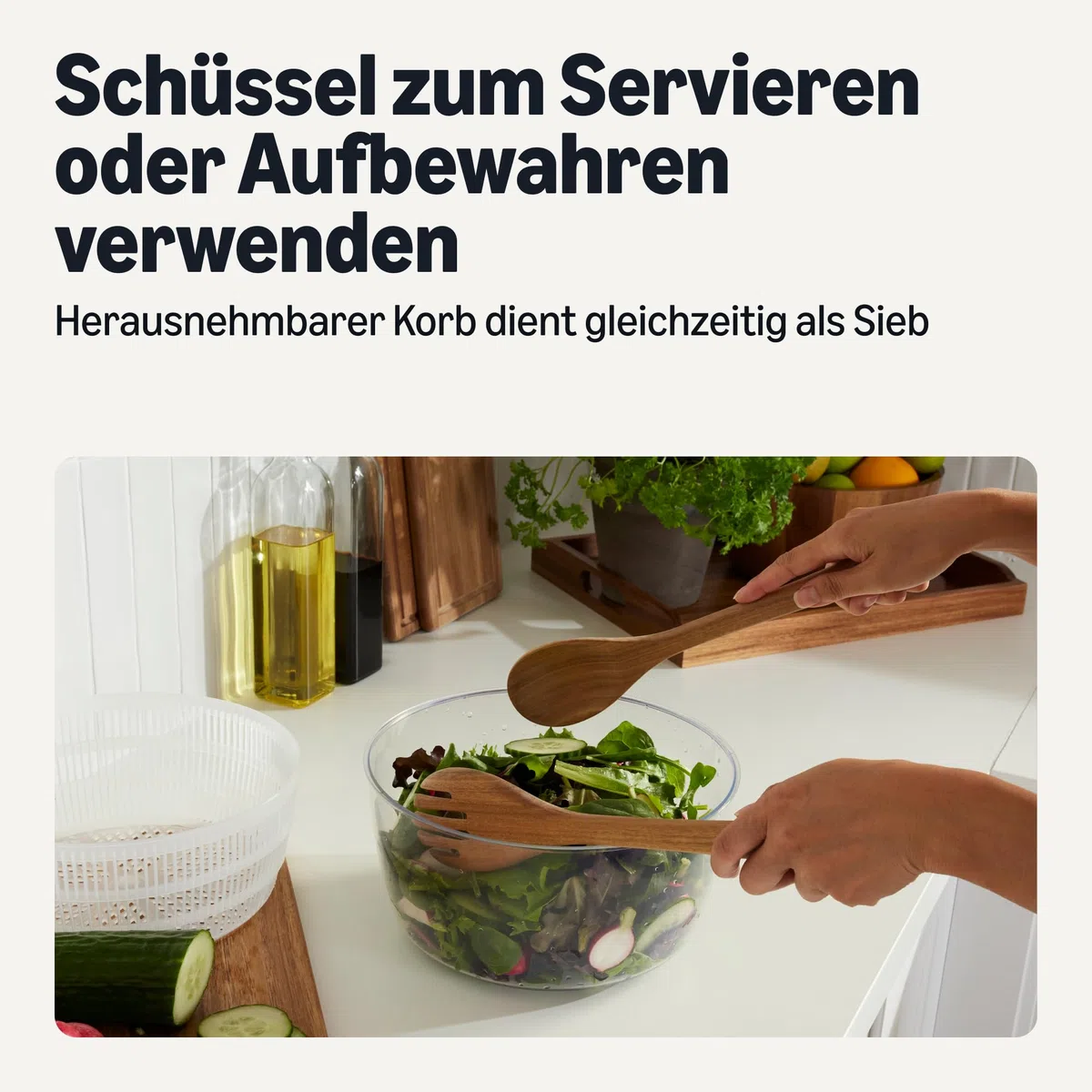 Amazon Basics Salatschleuder, BPA-frei, 4L, Leinengrau