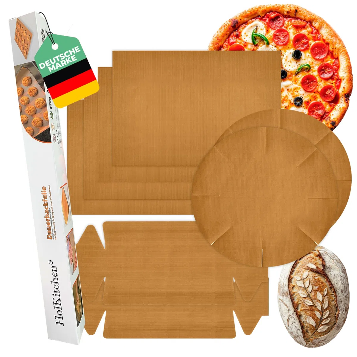 Dauerbackfolie (8er Set) - Premium Wiederverwendbares Backpapier - Dauerbackmatte für Kastenform und Springform - Hitzebeständig, Zuschneidbar, Antihaftbeschichtet, Spülmaschinenfest (8 Stück)