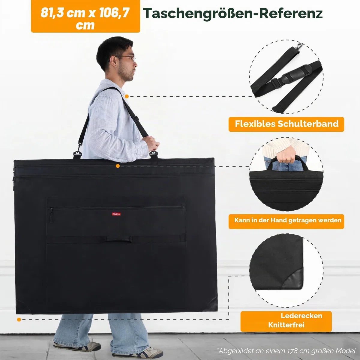 Nicpro Leichte Kunst Portfolio Tasche, Schwarze Leinwand Zeichenbrett Tasche mit Abnehmbarem Schultergurt, Zeichentasche für Kunstwerke, Poster, Skizzieren und Zeichnen