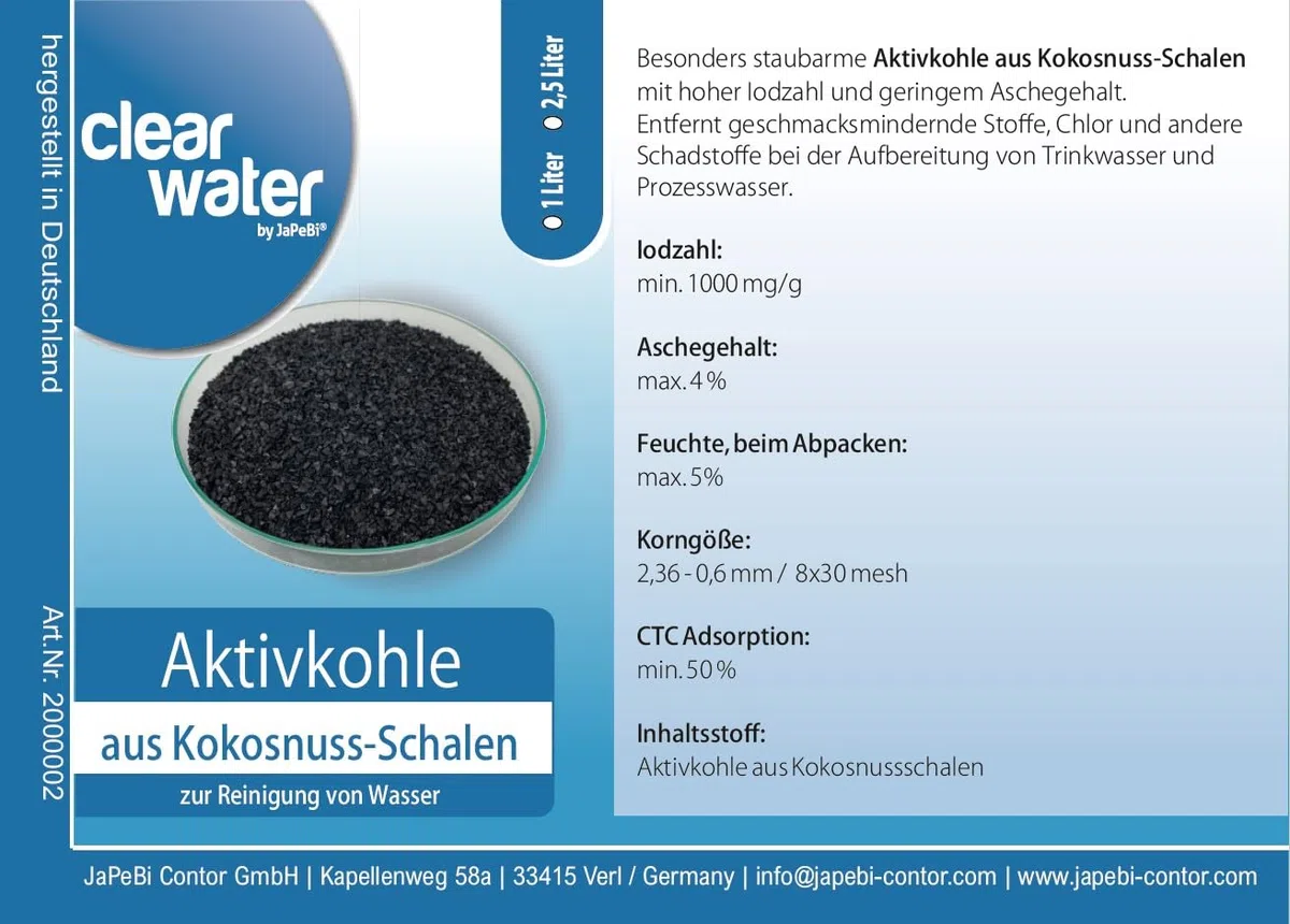 2L / 1kg Aktivkohle Granulat aus Kokosnussschalen, 8x30 mesh – Hochwertige Filterkohle zur Wasserreinigung für Trinkwasserfilter