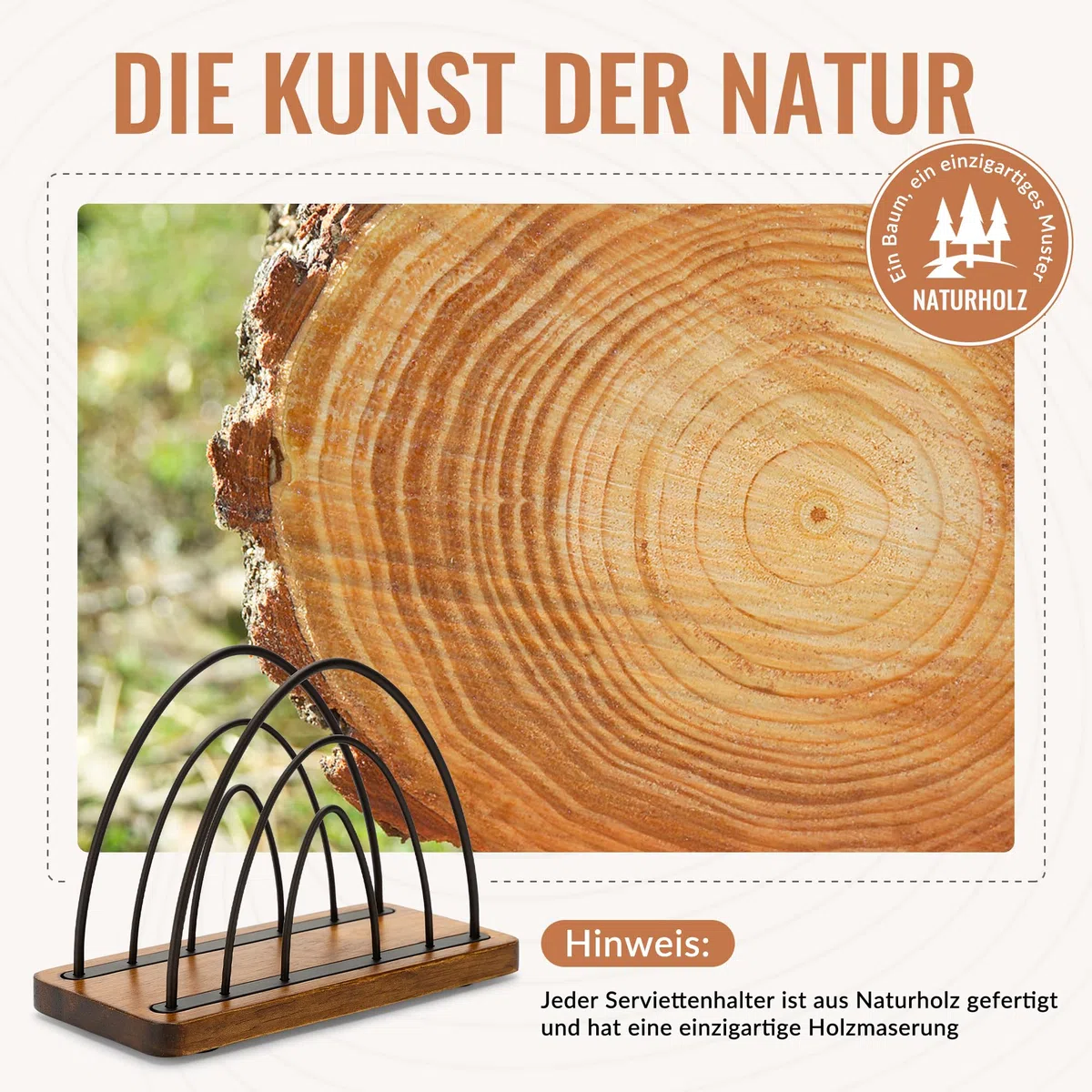 Serviettenhalter aus Metall für den Tisch – Freistehender Serviettenhalter mit Holzsockel für Quadratische Servietten, Ideal für Küche, Cocktailbar und Esstisch