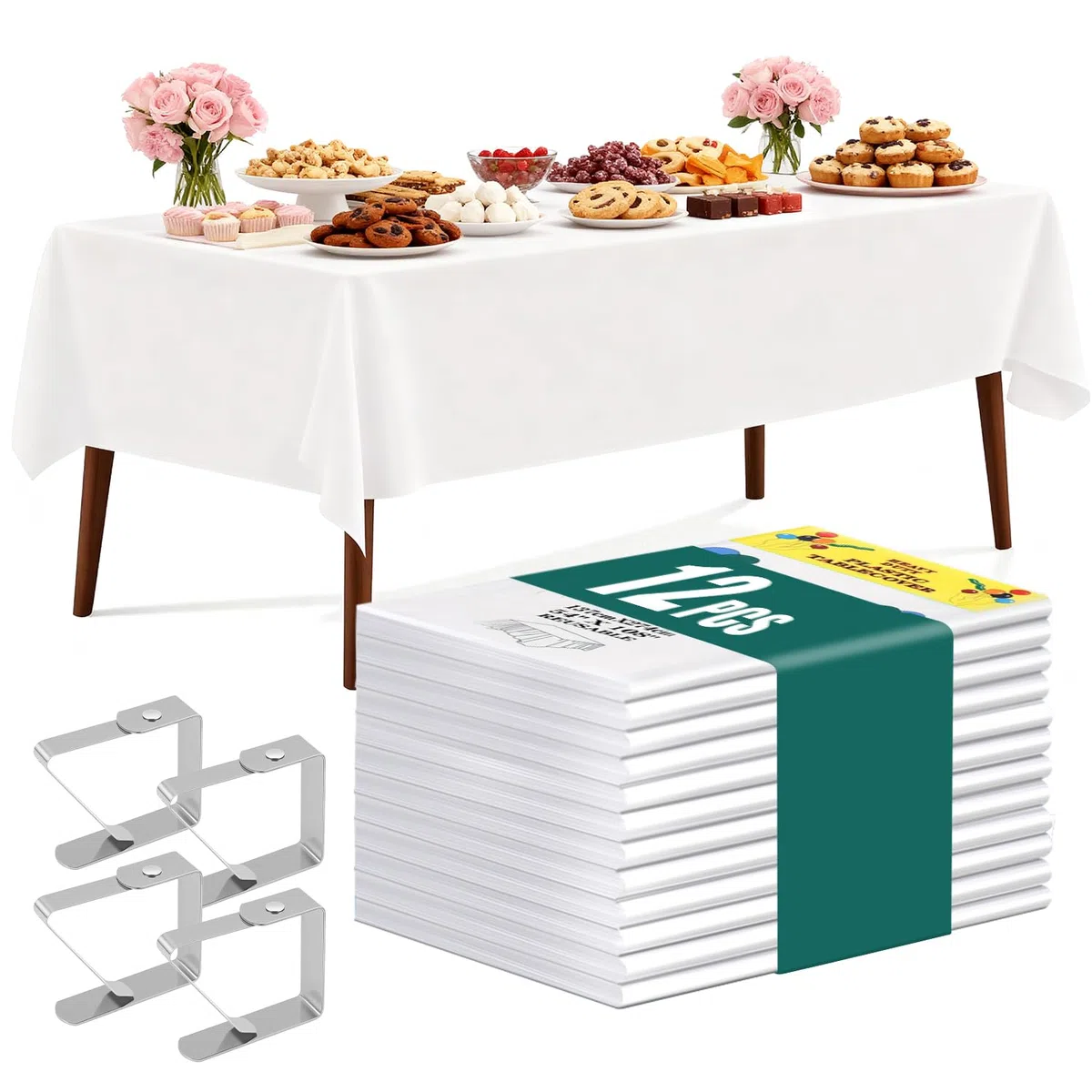 Einweg Tischdecke Weiß Tischtuch Kunststoff Tischdecken Bierzeltgarnitur Tischdecke 12 STK Rechteckig Tischdecken Geburtstag Wasserdicht 137 x 274cm mit Tischklammern für Party Fasching (Weiß)