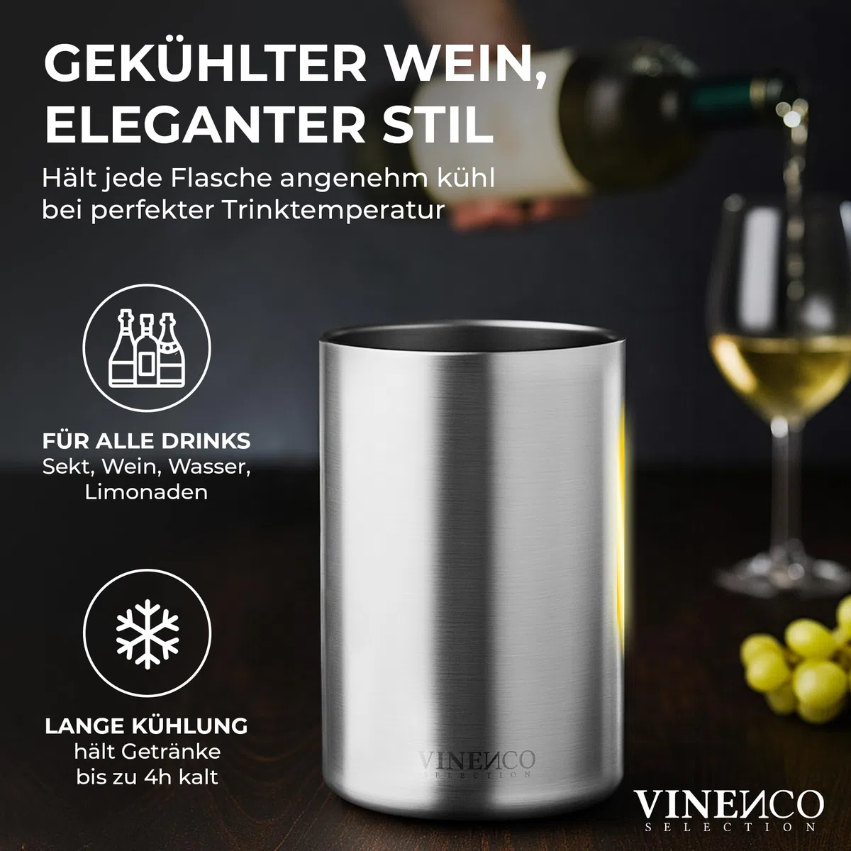 VINENCO Weinkühler Edelstahl Flaschenkühler Sektkühler Champagner Wein Kühler doppelwandig isoliert | Weinflaschenkühler Getränkekühler Weißwein | Geschenk-Set Männer Frauen Weinzubehör Geschenkidee