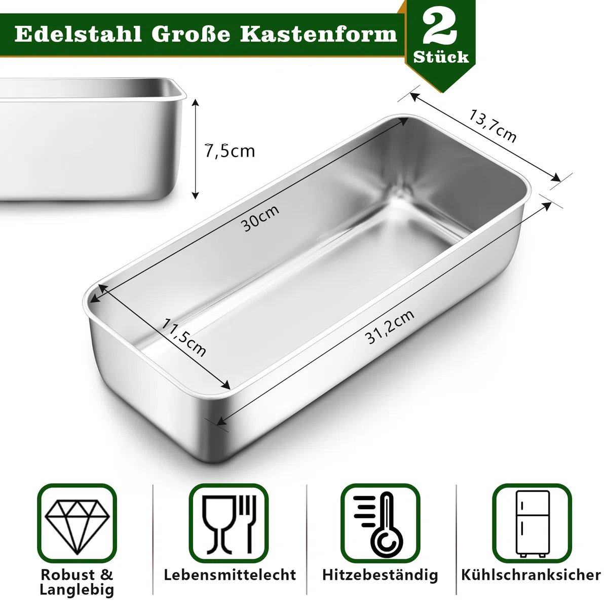 Joyfair Brotbackform 2er Set, 31,2cm Edelstahl Groß Kastenform Brotform, 7,5cm Tiefe Backform Rechteckig Toastbrot für Brot/Kuchen/Toast, Gesund & Ungiftig, Leicht zu Reinigen & Spülmaschinenfest