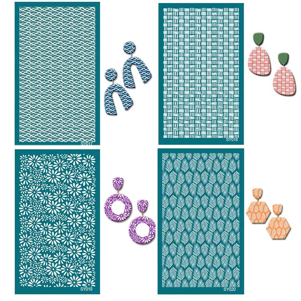 LICHENGTAI Siebschablone für Polymer Clay, Wiederverwendbare Musterschablonen Netzschablonen Transfer Waschbare Schablonen Siebschablone Siebdruck Kit für Schmuck Ohrringherstellung Aus Polymerton