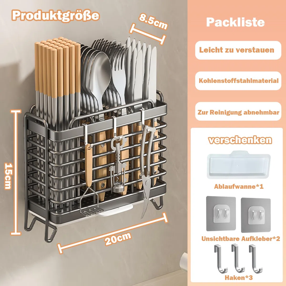 Besteckhalter, Küchenutensilienhalter Besteckkorb, Wandmontiert Traceless Sticker Kohlenstoffstahl Besteck Abtropfbehälter Behälter für Besteck und Küchenhelfer (Schwarz)