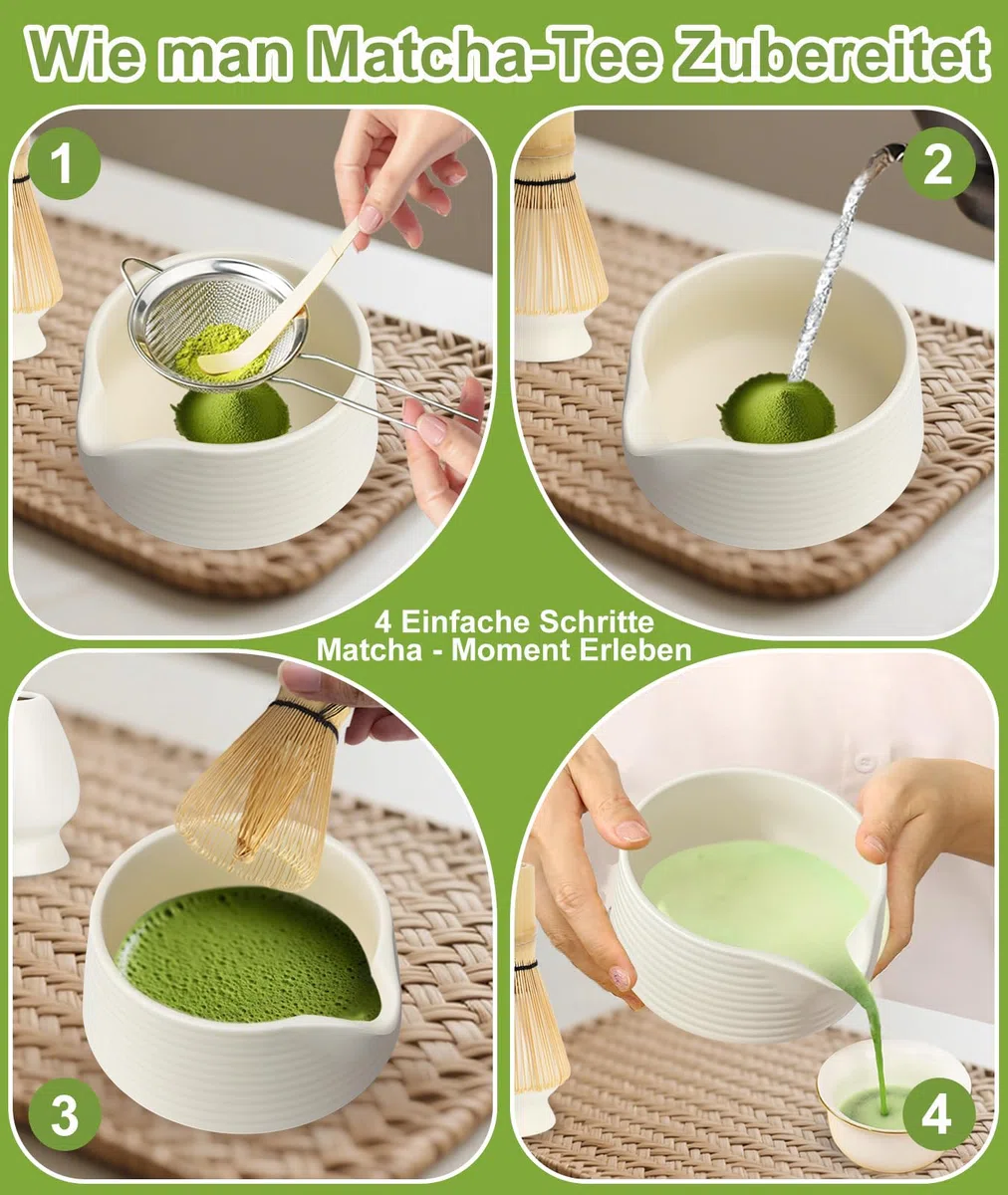 JBER Matcha Besen Set, Matcha Set 7-Teiliges - Bambus Matcha Whisk, Matcha Schale mit Auslauf, Matcha Besen Halter, Sieb, Löffel und Halter, Japanisches Matcha Zubehör für Matcha-Liebhaber, Beige Weiß