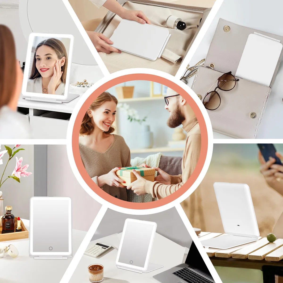 FUNTOUCH Kosmetikspiegel mit Beleuchtung, 2000mAh Wiederaufladbarer Tragbarer Ultraschlanker Reisespiegel mit Licht, 3 Farblichter Schminkspiegel, Faltbarer Makeup Spiegel für Zuhause Reise