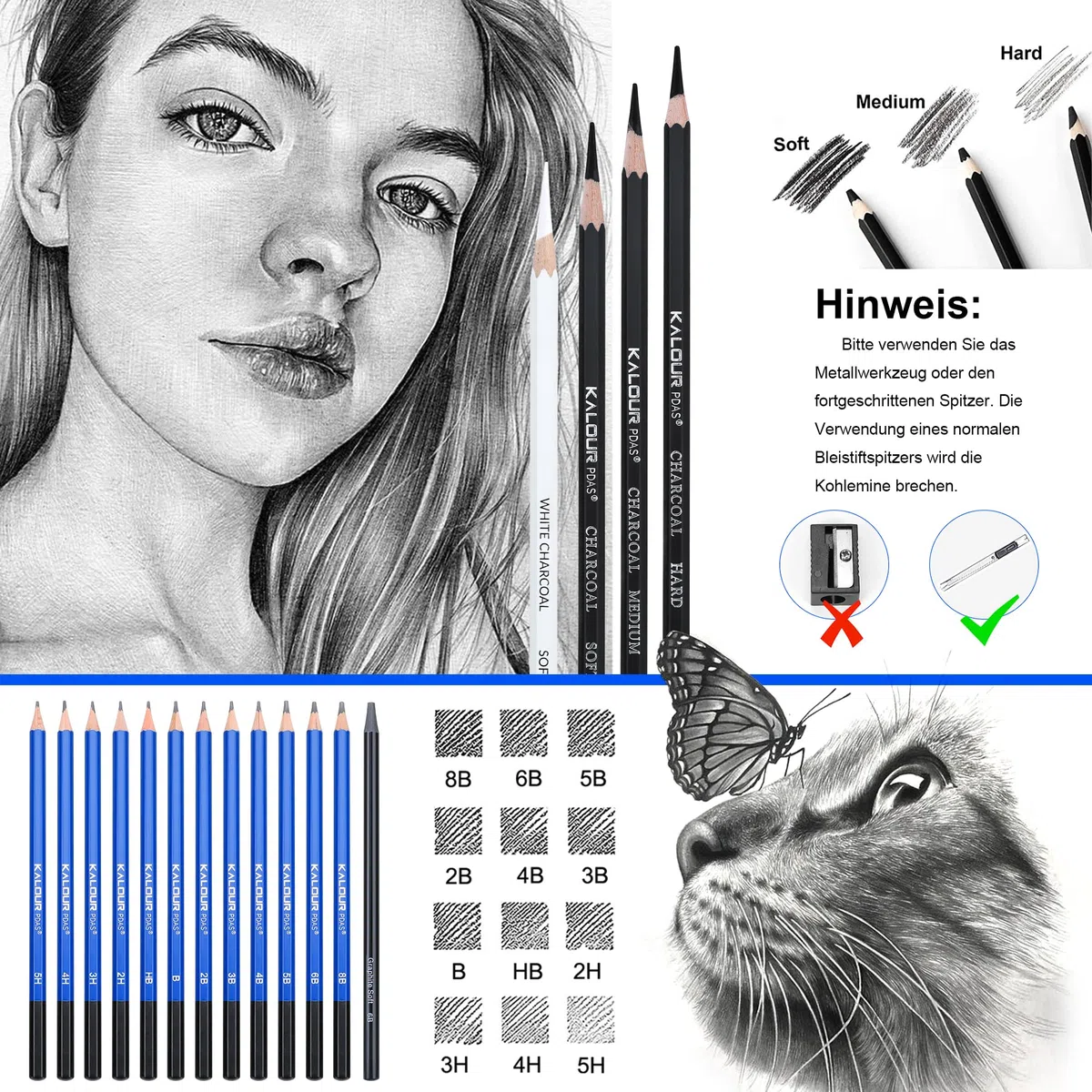 KALOUR PDAS 36-teiliges Zeichenset, Skizzier-Set, Profi-Kunst-Skizzenzubehör, inklusive Tutorial, Graphit, Anthrazit, für Künstler, Erwachsene, Teenager, Anfänger,ideal zum Schattieren