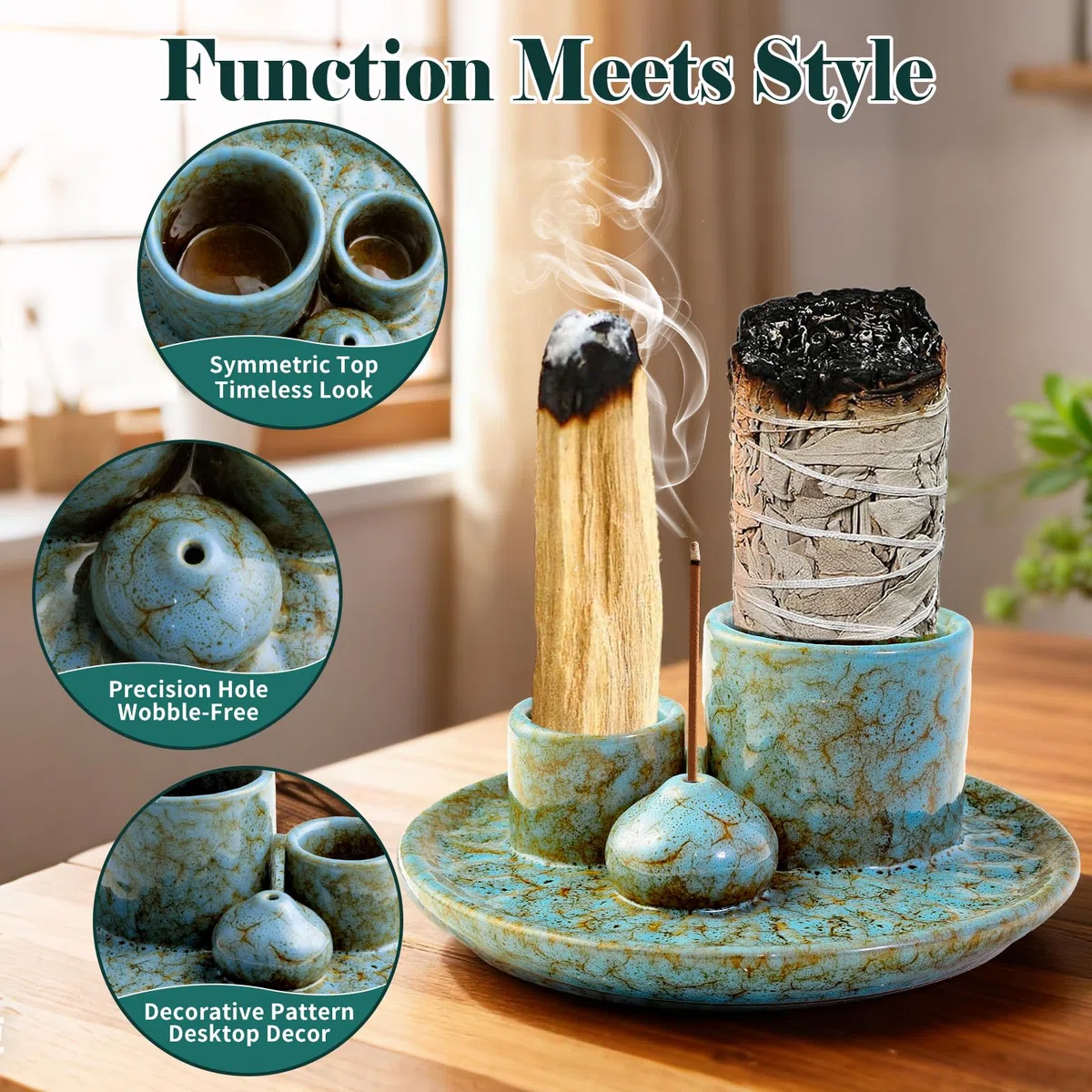 4-In-1 Keramik Räucherschale, Räucherstäbchenhalter für jedes Räucherwerk, Palo Santo, Weißer Salbei & Kerzen | Ideal für Home Decor, Meditation & Yoga (Blau)