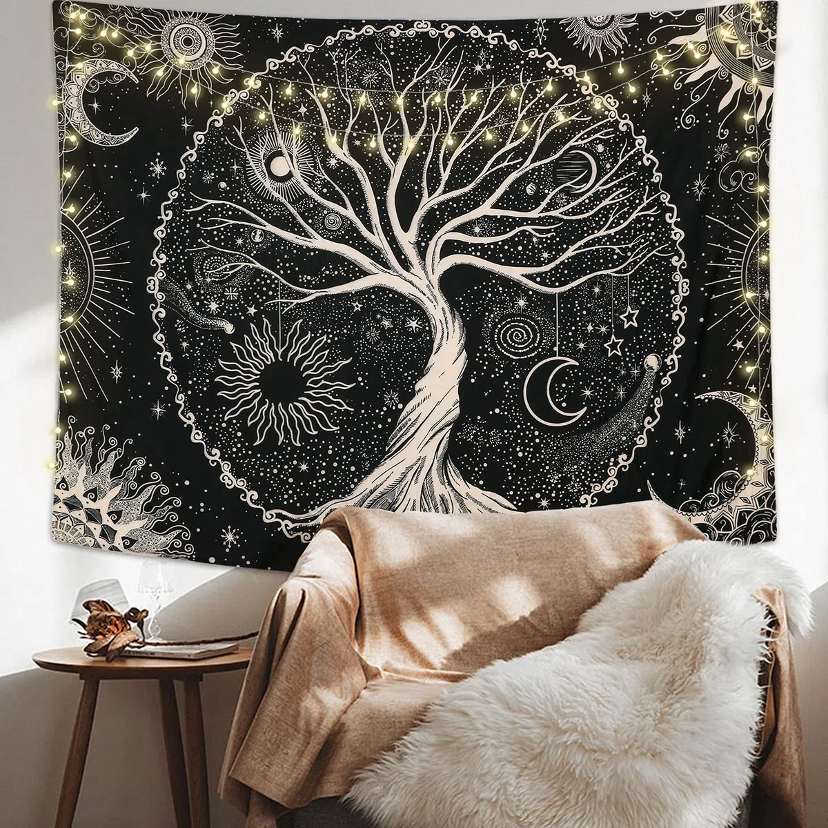 Betylifoy Baum des Lebens Tapisserie Mond und Sonne Schwarzer Wandbehang Psychedelisches Mandala Sternenhimmel Wandteppich Hippie Schlafzimmer (148x200cm)
