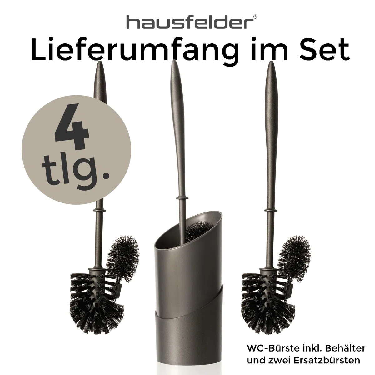 Hausfelder Klobürste, 4er Set, Schwarz | Klobesen Set mit Behälter, Halter & 2 Ersatzbürsten, schwarze Klobürsten / Toilettenbürste / WC Bürste mit Randreiniger