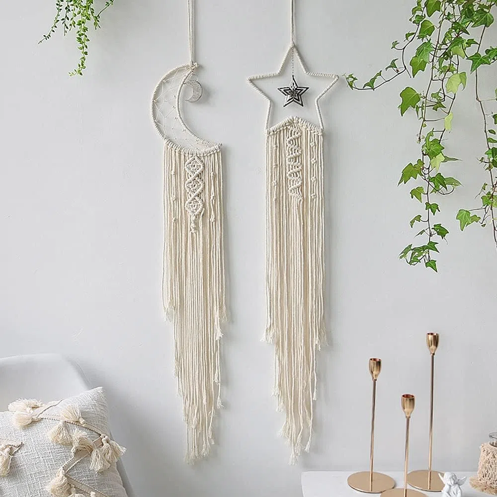 2 Stück Makramee Wandbehang Böhmischer Mond-Traumfänger, handgefertigte Wandteppiche Mädchen Boho-Traumfänger mit Quasten Wohnkultur für Schlafzimmer Hochzeitsfeier Ornamente Handwerk