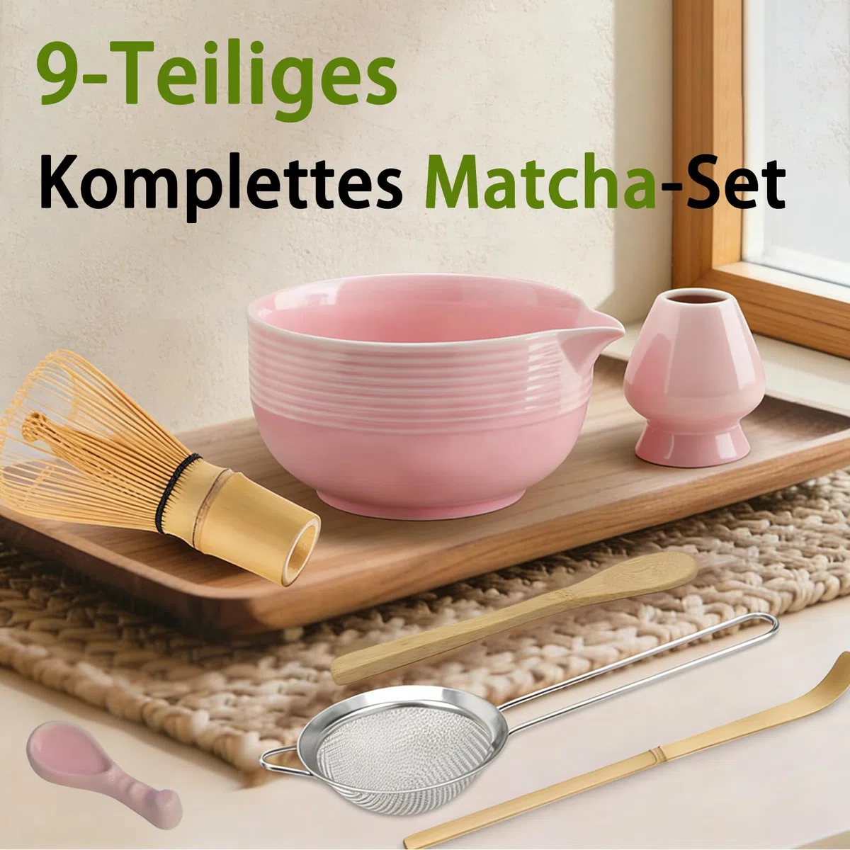 Clay&Fire Matcha Set, 9 Teiliges Matcha Besen Set - Bambus Matcha Whisk, Matcha Schale mit Auslauf, Japanisches Matcha Kit für Matcha-Liebhaber, Weihnachtsgeschenke,Geschenk (Streifen Rosa)