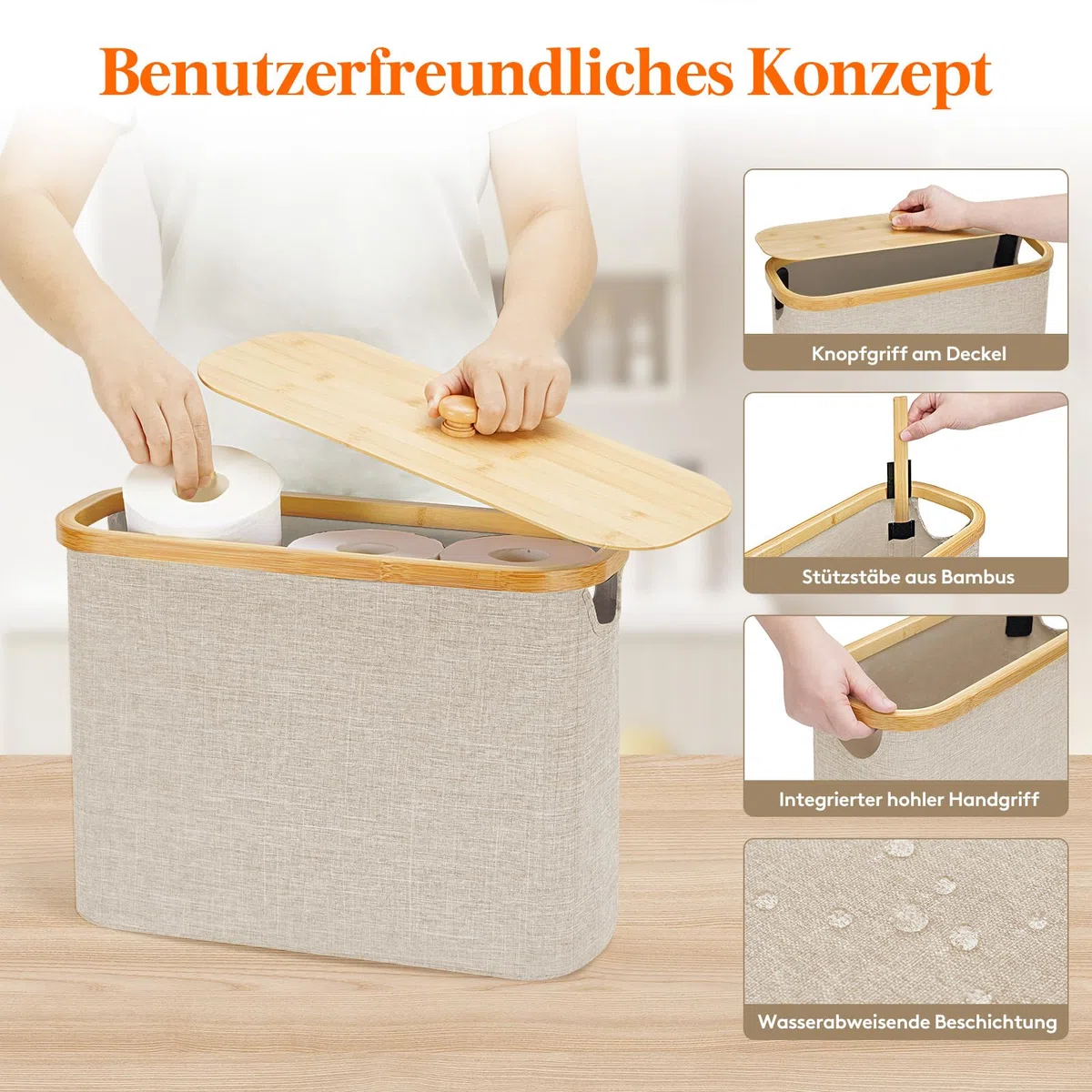 Lifewit Toilettenpapier Aufbewahrungskorb, Bambus Badezimmer Organizer, Klopapier Aufbewahrungsschrank für Enge Räume, Toilet Paper Behälter mit Deckel, 23L, Beige