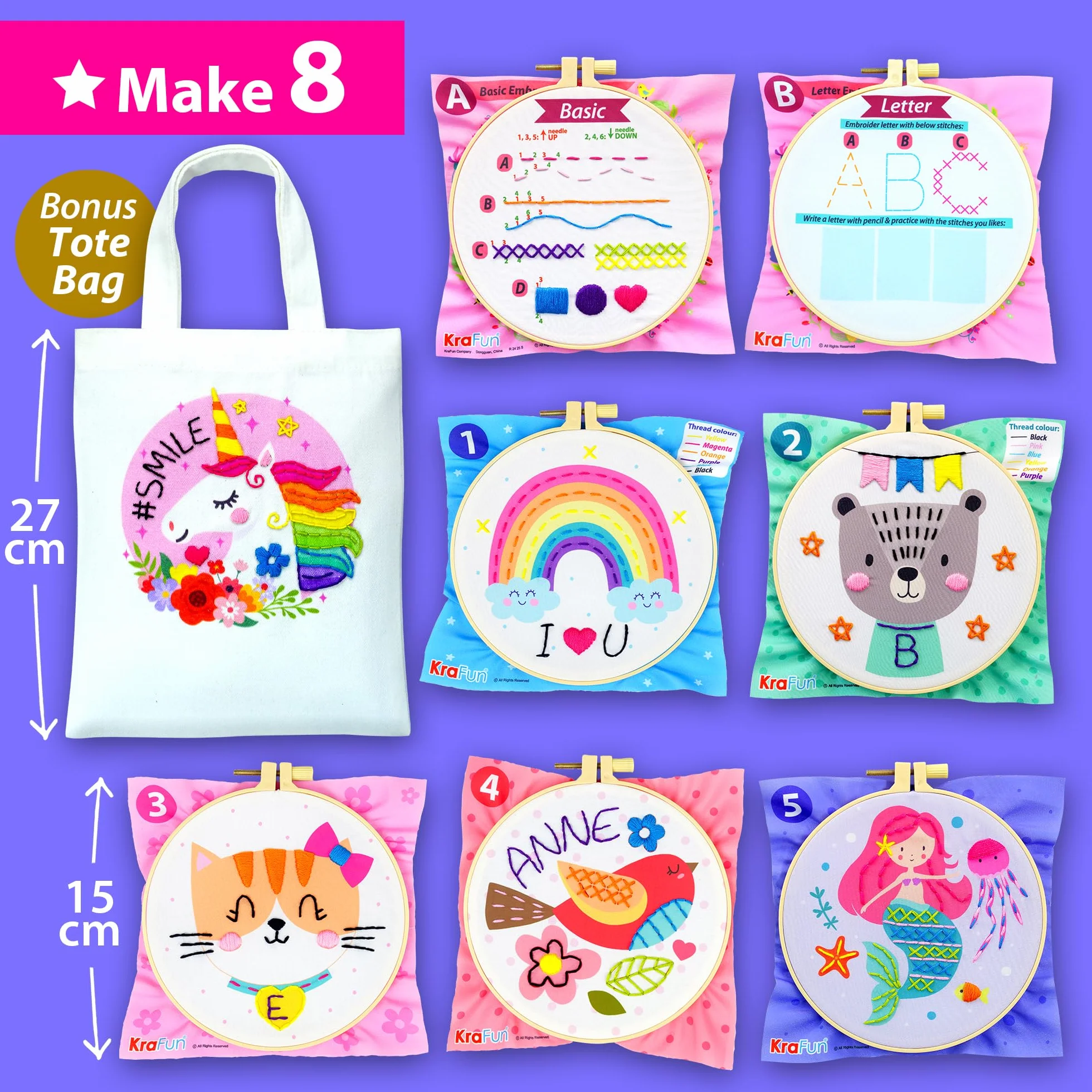 KRAFUN Mein erstes Stickset für Anfänger, Kinder und Jugendliche, einfache Stickmuster, Handstickerei-Set enthält Reifen, Tuch, Anleitung für Stiche, Anfänger-Stickset für Erwachsene