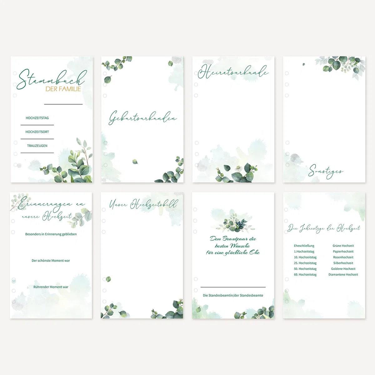 HOWAF Stammbuch Hochzeit, Modernes Familienstammbuch Stammbuch A5 inkl Standesamt Hochzeit mit 10 Klarsichthüllen - Hardcover 17x22.5 cm - Greenery Eukalyptus
