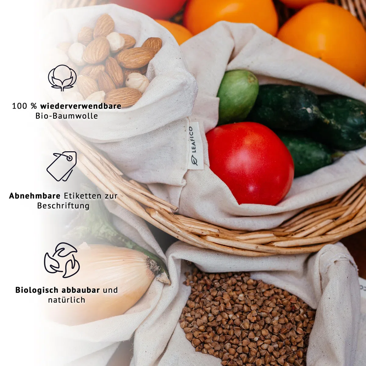 Leafico Wiederverwendbare Baumwollbeutel Mittel 20x25 cm – Stoffbeutel mit Kordelzug für Obst, Gemüse, Brot, Kräuter, Aufbewahrung, Geschenkverpackung – Bio Musselinbeutel nachhaltig – 12 Stück